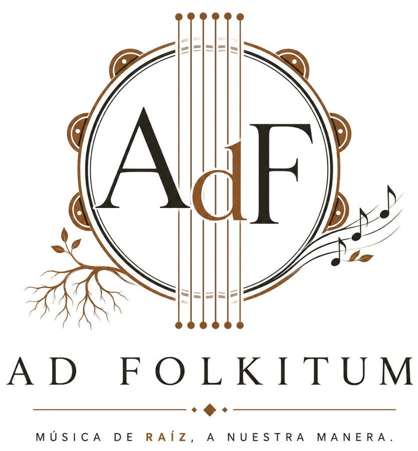 Logo de Ad Folkitum: pandero con seis cuerdas, raíces y notas musicales. Música de raíz, a nuestra manera.