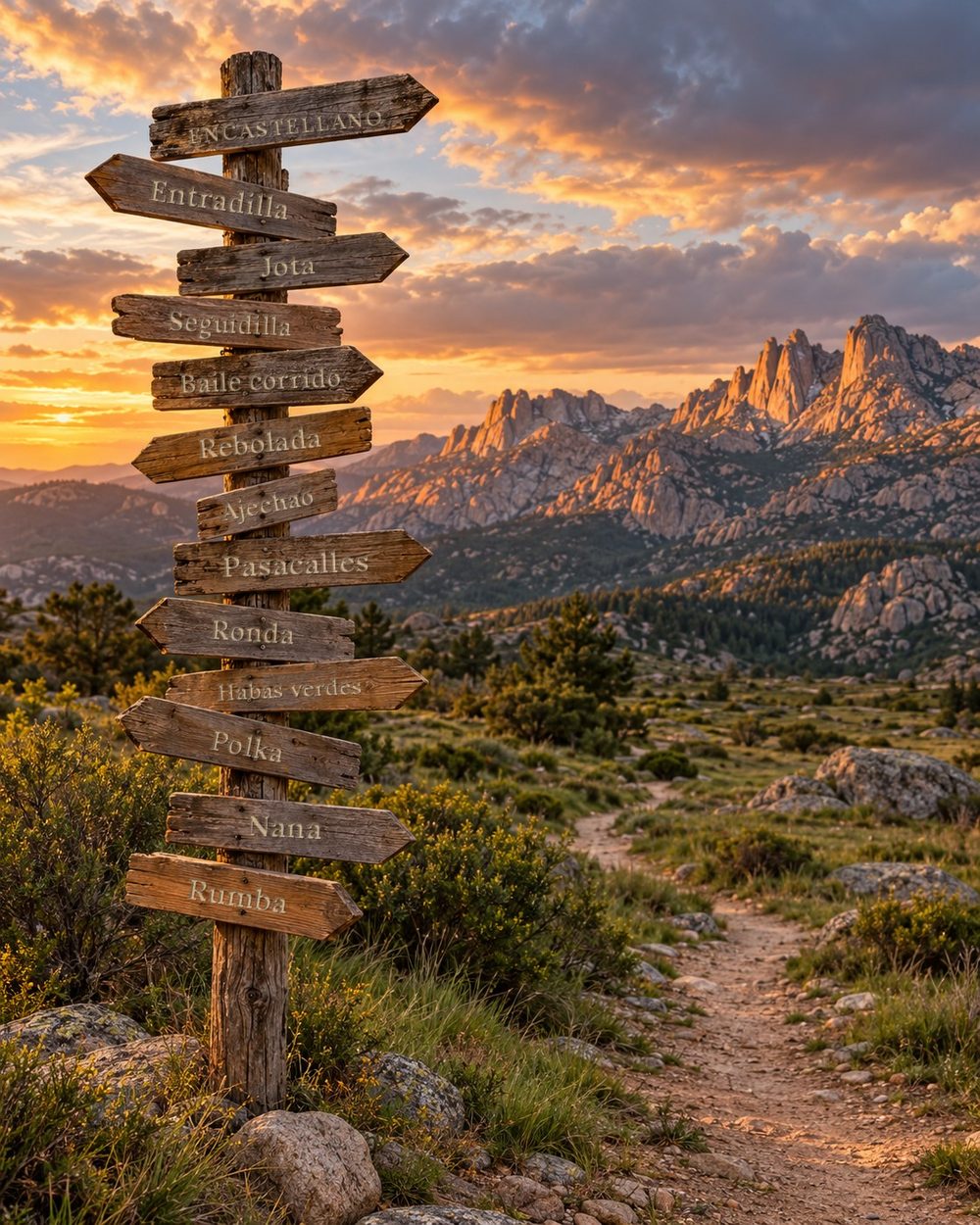 Poste de madera en la Sierra de Guadarrama con trece carteles tallados: Encastellano y los doce ritmos del espectáculo